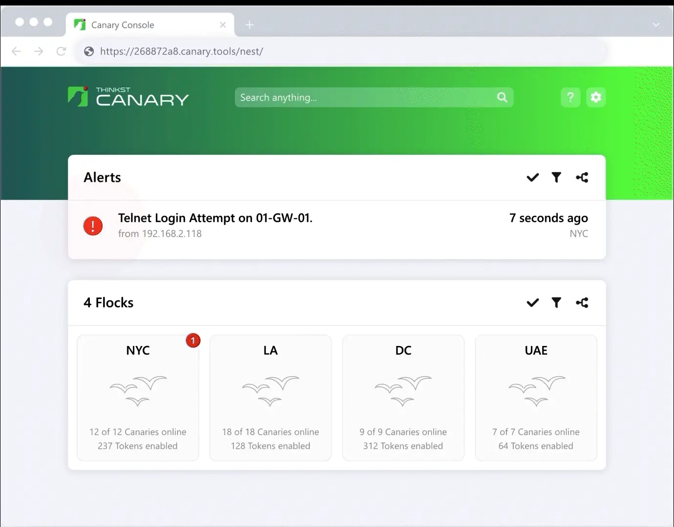 Thinkst Canary management console showing enrolled canaries and critical alerts