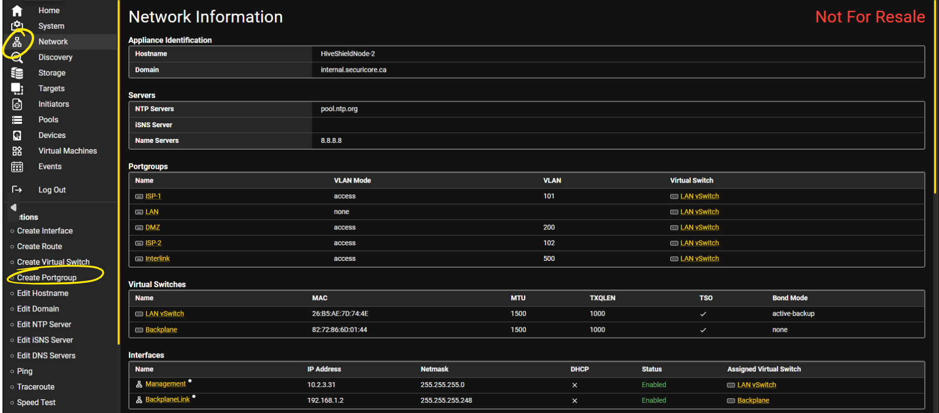 Network screen — Portgroups section
