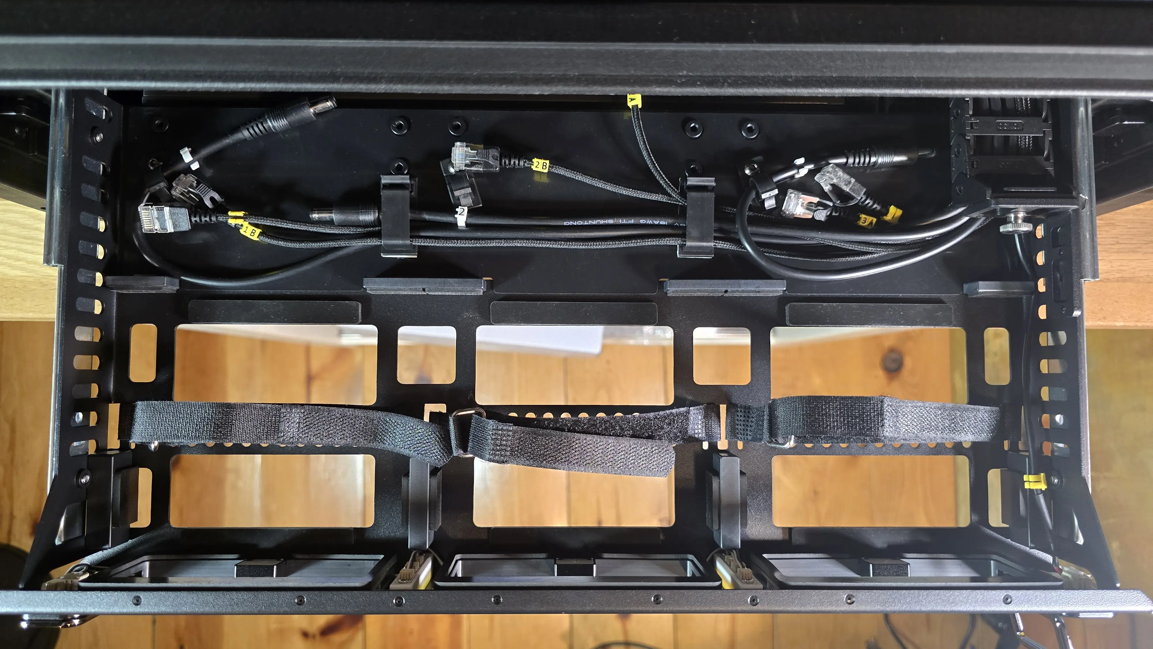 Compute drawer fully extended showing empty bays 1, 2, 3 with velcro straps visible