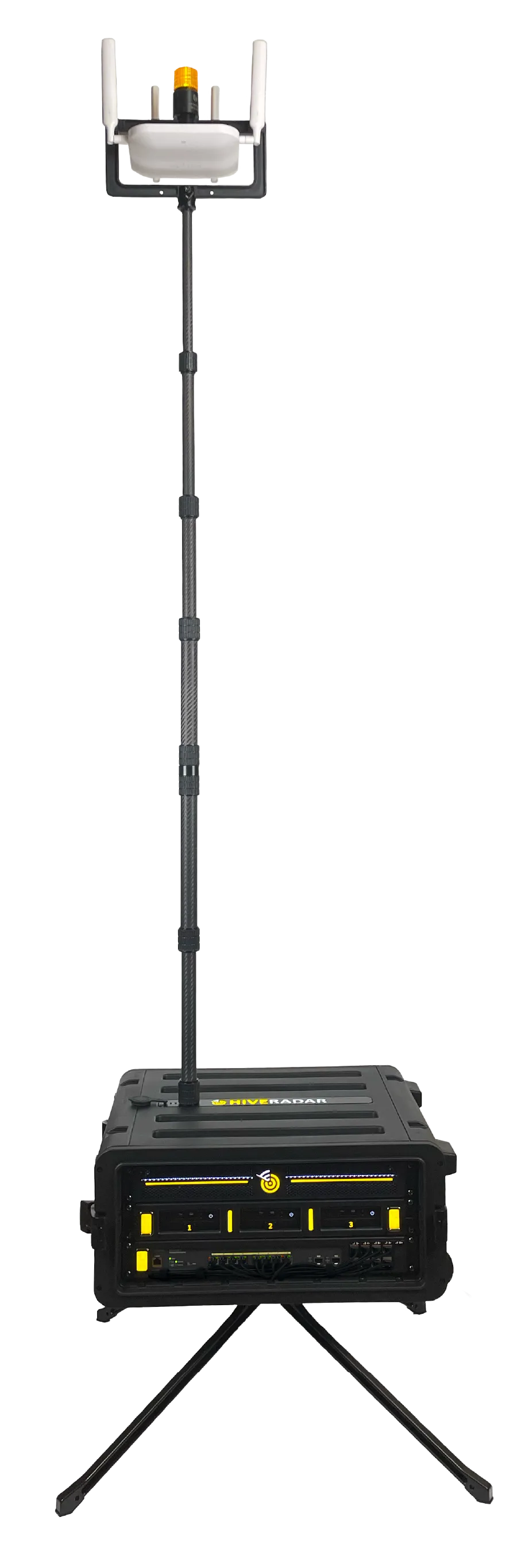 HiveRadar EDC deployed configuration showing telescoping carbon fiber pole and universal T-bar AP bracket